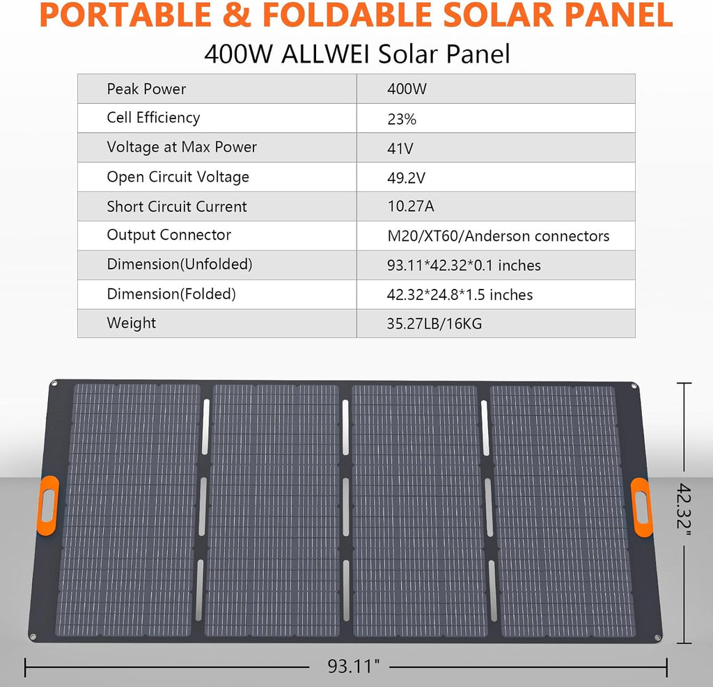400W Foldable Portable Solar Panel for ALLWEI 1200W 2400W Power Station Solar Generator, IP67 Waterproof, with Adjustable Kickstand for RVs Camping Home and Blackouts