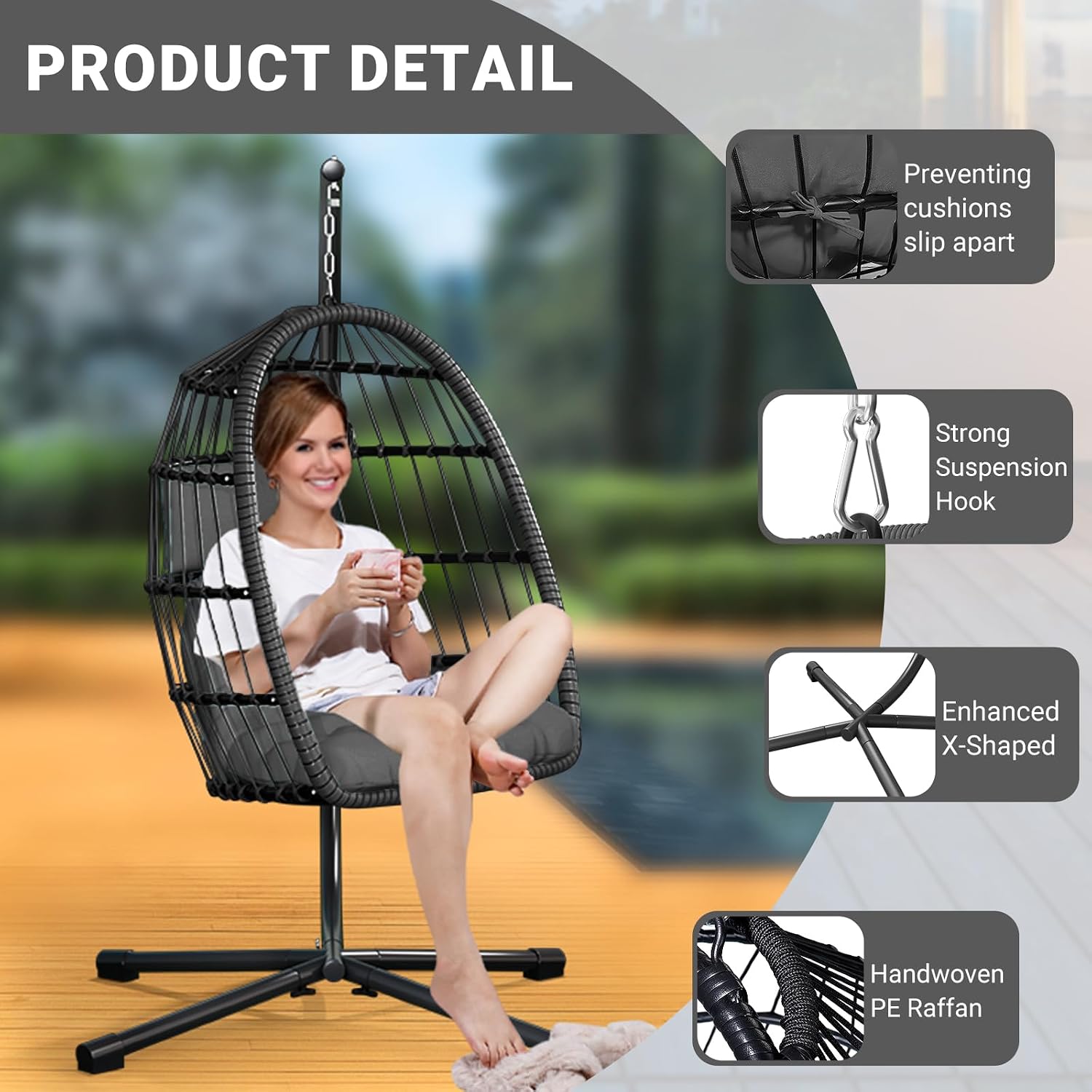 CHABATREE Egg Chair with Stand,Patio Rattan Wicker Hanging Swing Egg Chair Hammock Chair for Bedroom Porch Garden,Thickened Aluminum Alloy Steel Frame and UV Resistant Cushion,350LBS Capacity