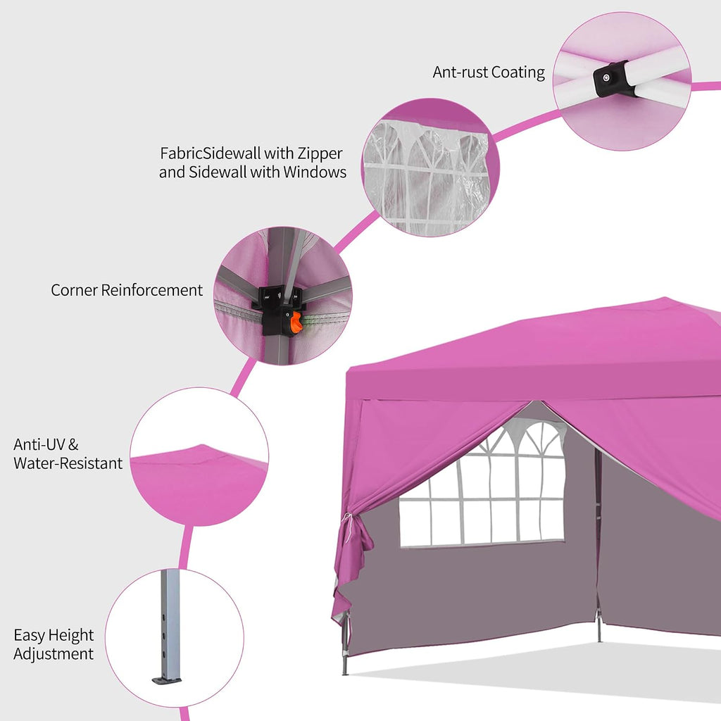 GDY Pop Up Canopy Tent, Outdoor Gazebos, 10 x 10 Canopy with 4 Sidewalls, Easy Set up, for Events, Parties, Camping, Garden, Pink.
