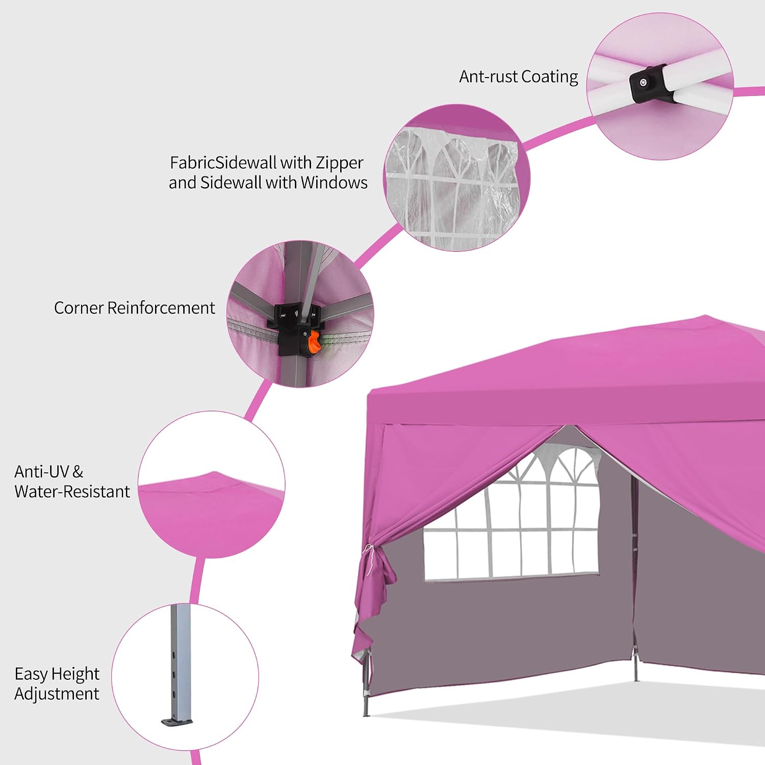 GDY Pop Up Canopy Tent, Outdoor Gazebos, 10 x 10 Canopy with 4 Sidewalls, Easy Set up, for Events, Parties, Camping, Garden, Pink.