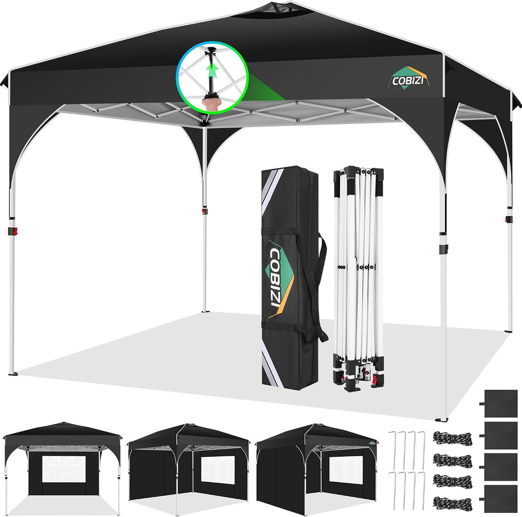 COBIZI Canopy Tent 10x10, Easy Up 10x10 Pop Up Canopy for Party Camping, Party Tents with One Push Central Button Air Vent, Outdoor Gazebo Tent with Sidewalls and Reflective Strip(Black)