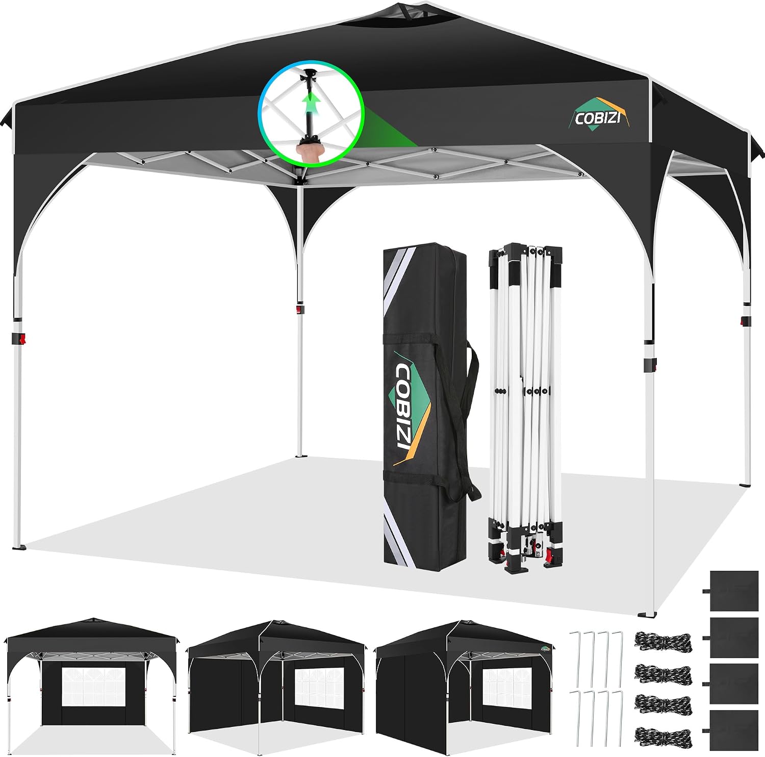 COBIZI Canopy Tent 10x10, Easy Up 10x10 Pop Up Canopy for Party Camping, Party Tents with One Push Central Button Air Vent, Outdoor Gazebo Tent with Sidewalls and Reflective Strip(Black)