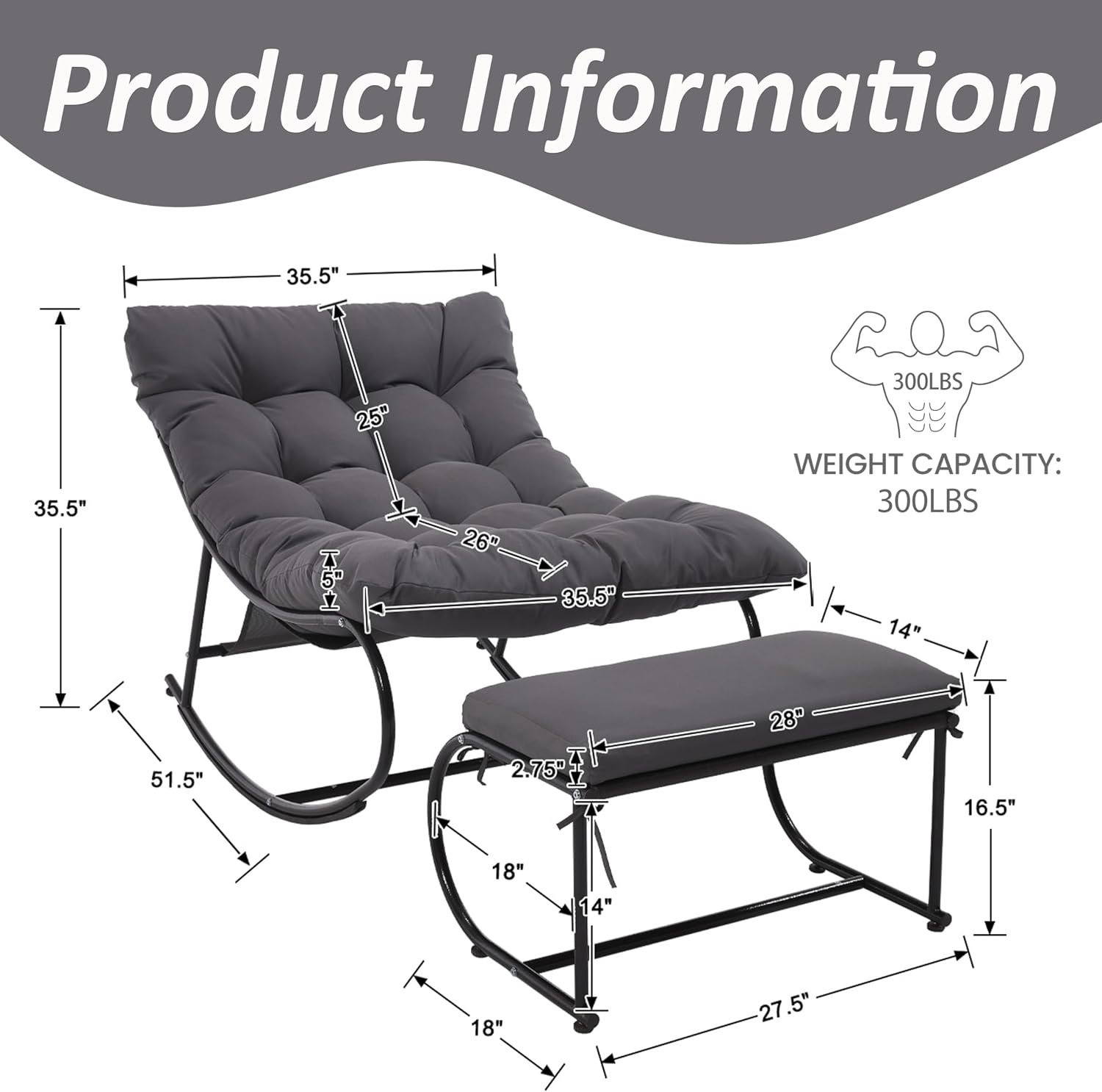 Oversized Double Papasan Rocking Chair Set of 2 with Ottoman, Egg Shaped Patio Lounge Chair with Thick Soft Cushion, Outdoor Relaxation Furniture for Porch, Backyard, Garden, Balcony, Grey