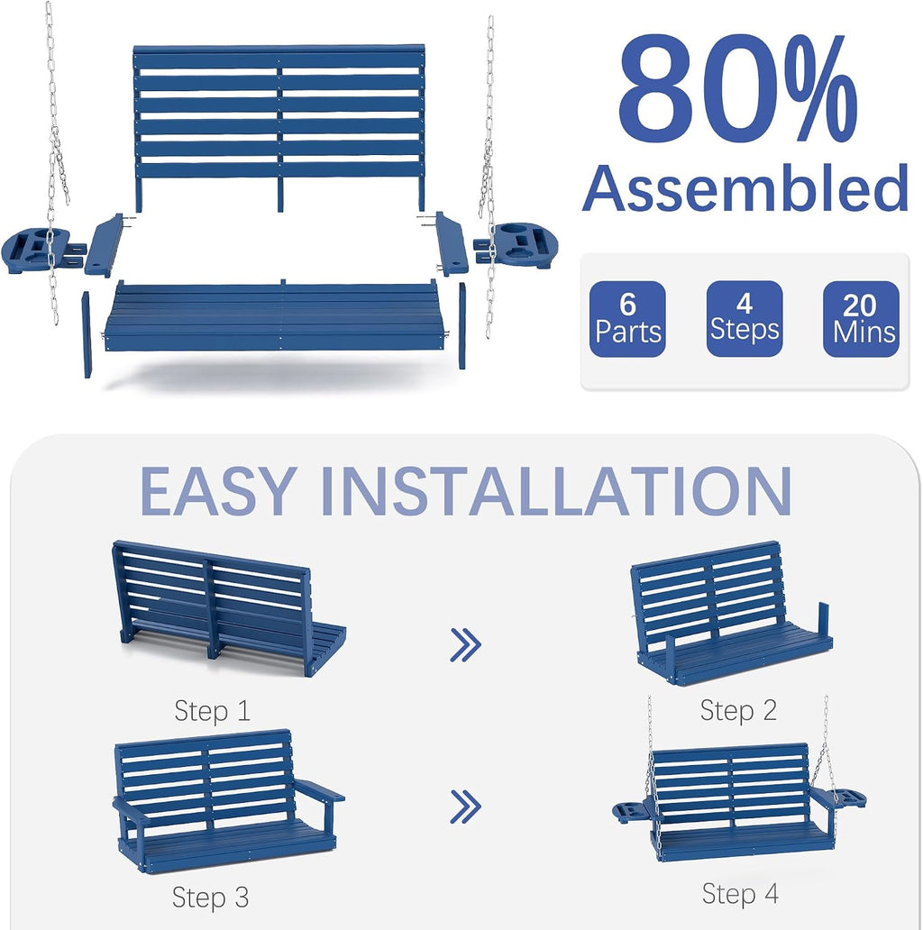 FOOWIN Porch Swing, 4 FT Patio Swing with Cup Holders, Adjustable Hanging Chains, HDPE Outdoor Swing for Patio, Porch, Garden, Yard, Heavy Duty 660 LBS Weight Capacity Navy Blue