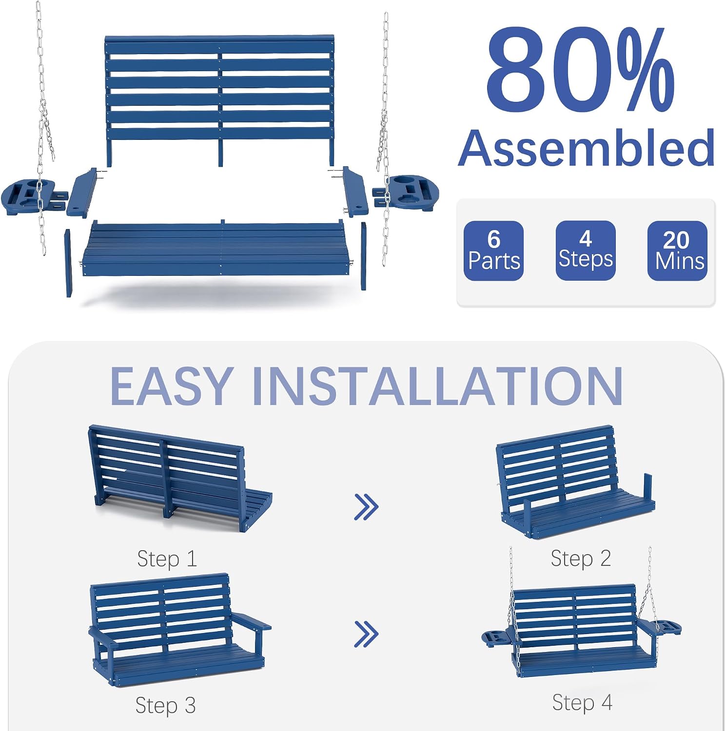 FOOWIN Porch Swing, 4 FT Patio Swing with Cup Holders, Adjustable Hanging Chains, HDPE Outdoor Swing for Patio, Porch, Garden, Yard, Heavy Duty 660 LBS Weight Capacity Navy Blue