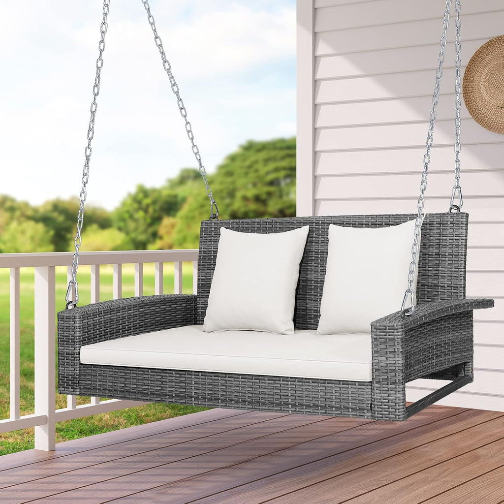 Tangkula 2 Person Wicker Hanging Porch Swing, Patiojoy Outdoor Rattan Swing with Soft Cushions and 2 Rustproof Steel Chains, 800 LBS Patio Swing Bench for Balcony, Garden and Yard