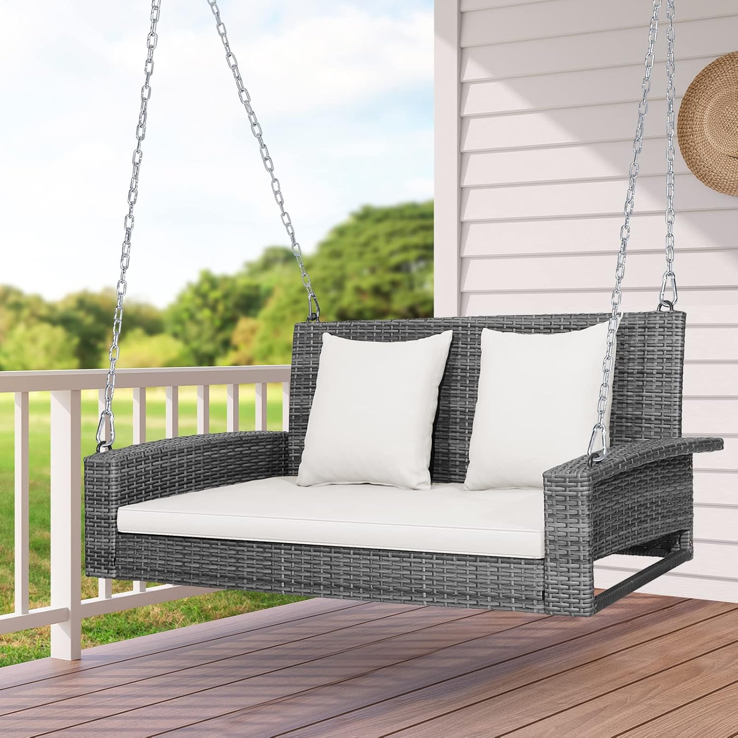 Tangkula 2 Person Wicker Hanging Porch Swing, Patiojoy Outdoor Rattan Swing with Soft Cushions and 2 Rustproof Steel Chains, 800 LBS Patio Swing Bench for Balcony, Garden and Yard