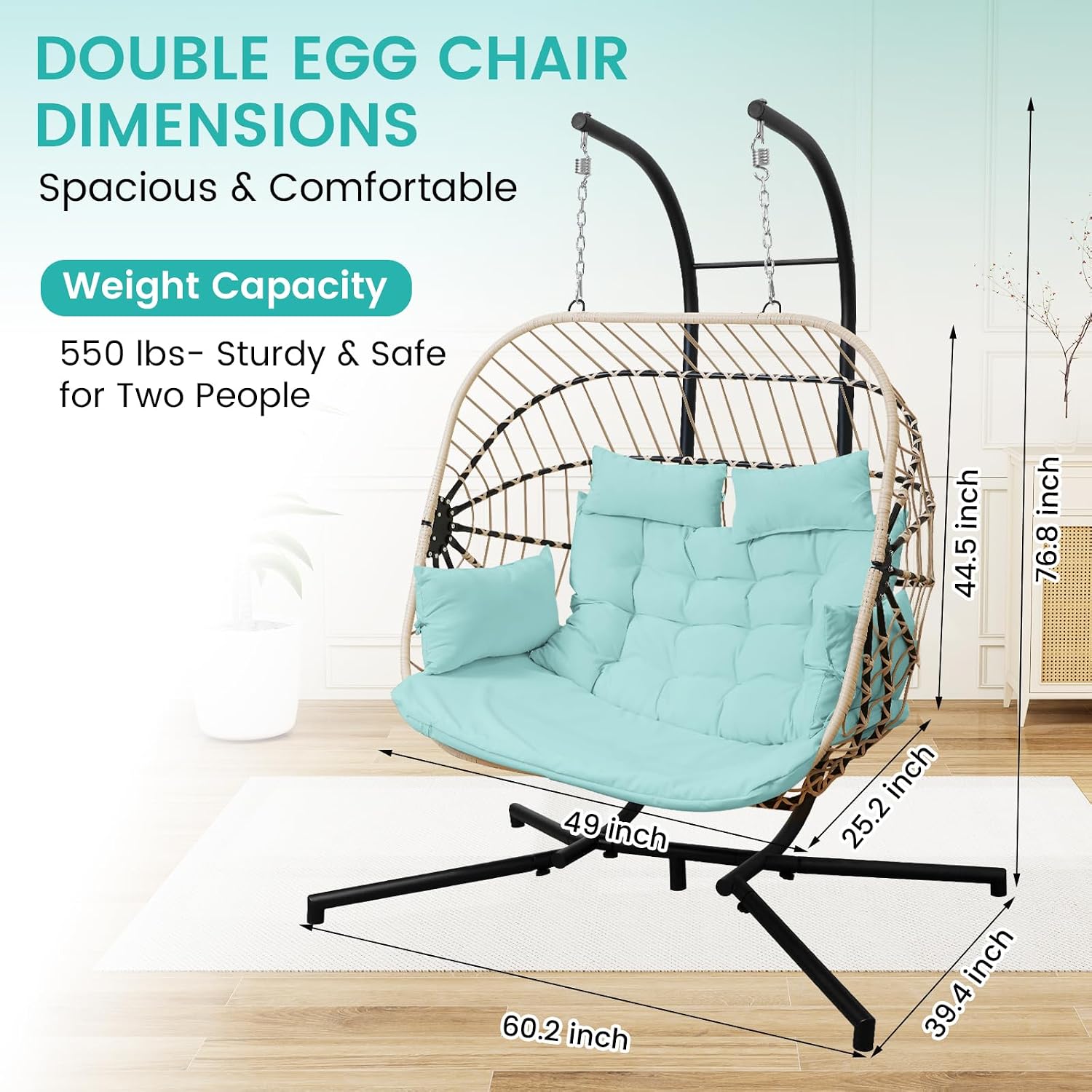 Double Egg Swing Chair with Stand Patio Rattan Wicker Hammock Chairs Outdoor Indoor Egg Swing Chair with Cushion Headrest 550 Lbs Capacity for Bedroom Balcony Garden Porch Backyard, Blue