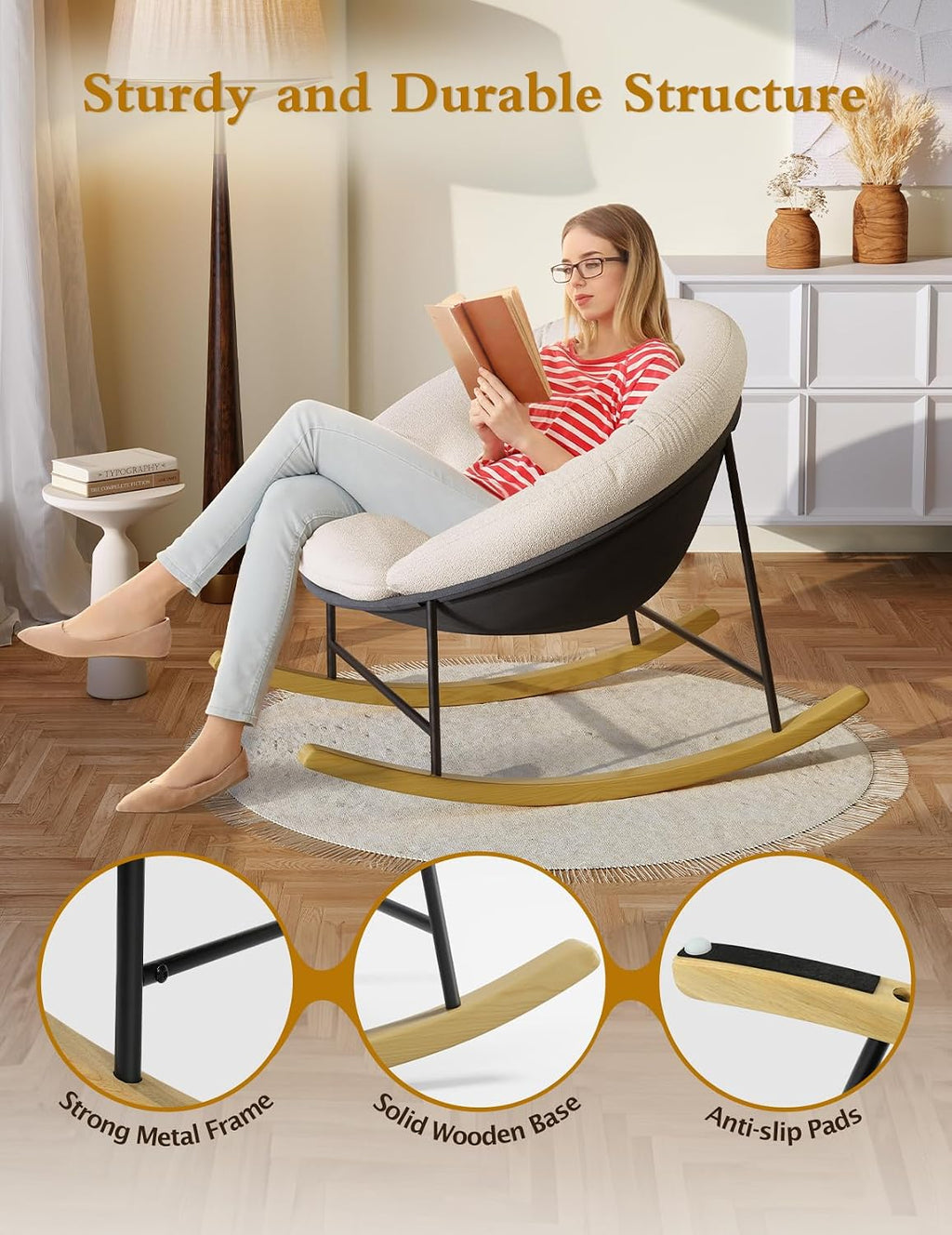 Kidirect Wide Rocking Chair Nursery, Comfy Saucer Nursery Rocking Chairs with Removable Cushion, Indoor Papasan Nursing Chair for Breastfeeding, Mecedora Para Adultos for Living Room & Bedroom (Cream)
