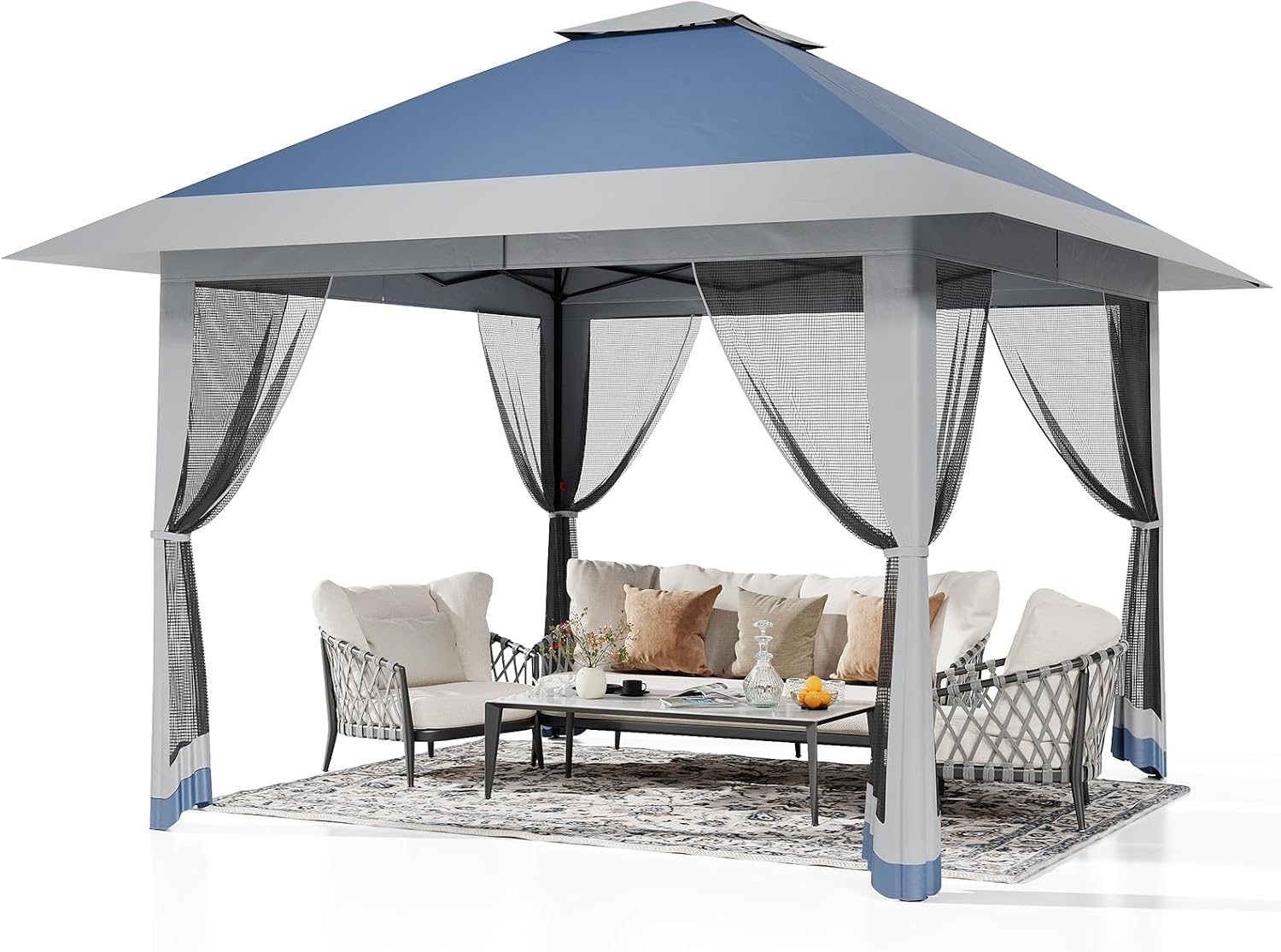 GarveeTech Pop Up Gazebo 13x13 ft Canopy Tent with Mosquito Netting, Outdoor Patio Gazebo with 3 Adjustable Heights, Tent Shelter Quick Setup Backyard Tent for Party,Wedding (Navy Blue+Hemp Grey)