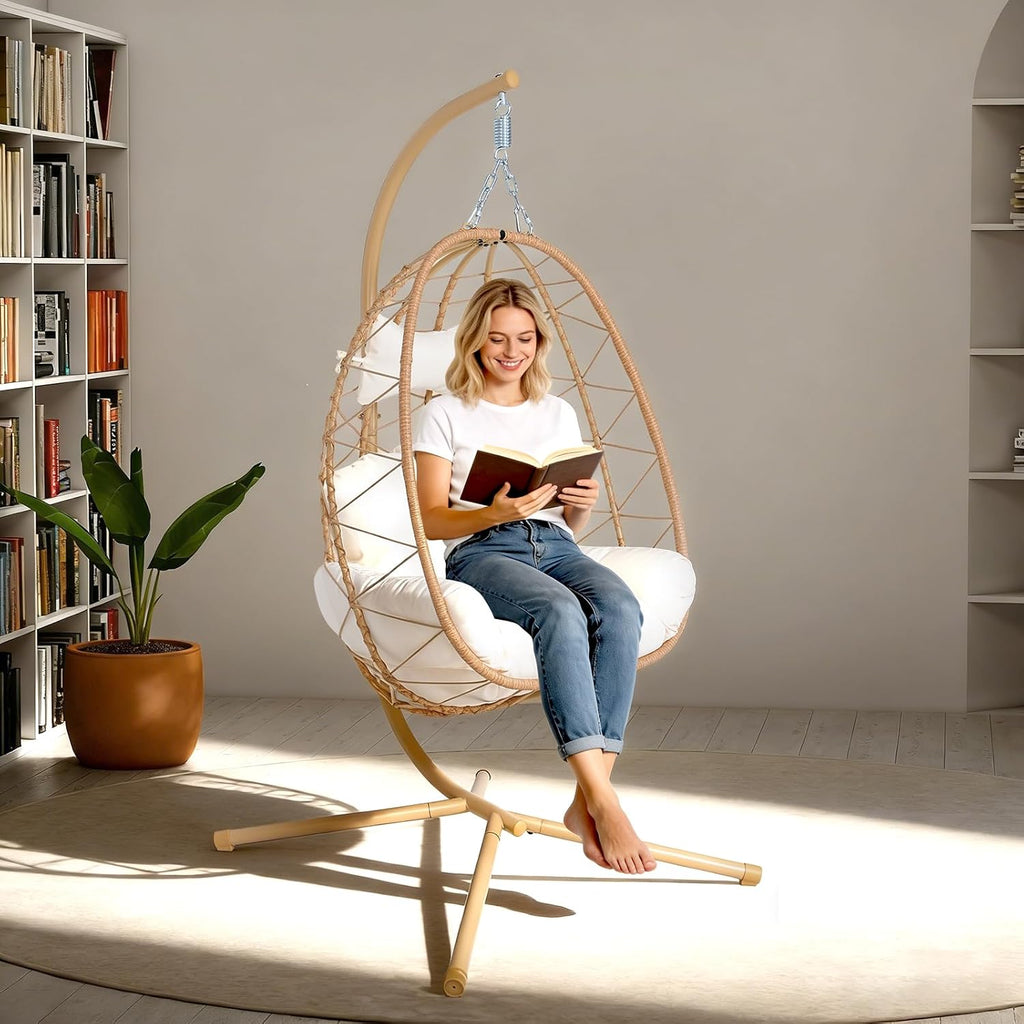 Egg Chair with Stand, Wicker Hanging Chair for Outdoor Patio, Cushioned Hammock Swing for Bedroom Garden Indoor/Outdoor, Double-Zipper Structure Hanging Egg Chair (Yellow Frame and White Cushion)