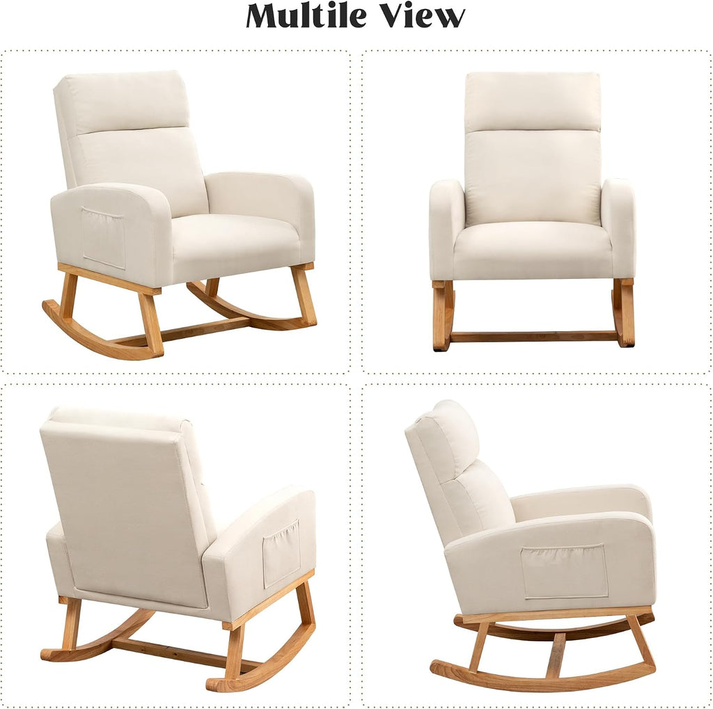 HCHAIRH Rocking Chair Nursery, Upholstered Nursing Rocker Chairs with High Backrest, Modern Glider Rocking Chair for Nursery Living Room, Bedroom, Cream
