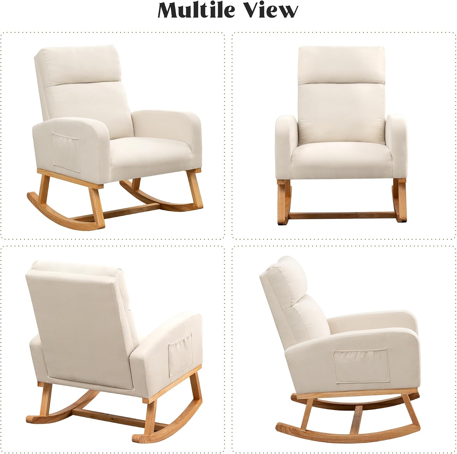 HCHAIRH Rocking Chair Nursery, Upholstered Nursing Rocker Chairs with High Backrest, Modern Glider Rocking Chair for Nursery Living Room, Bedroom, Cream