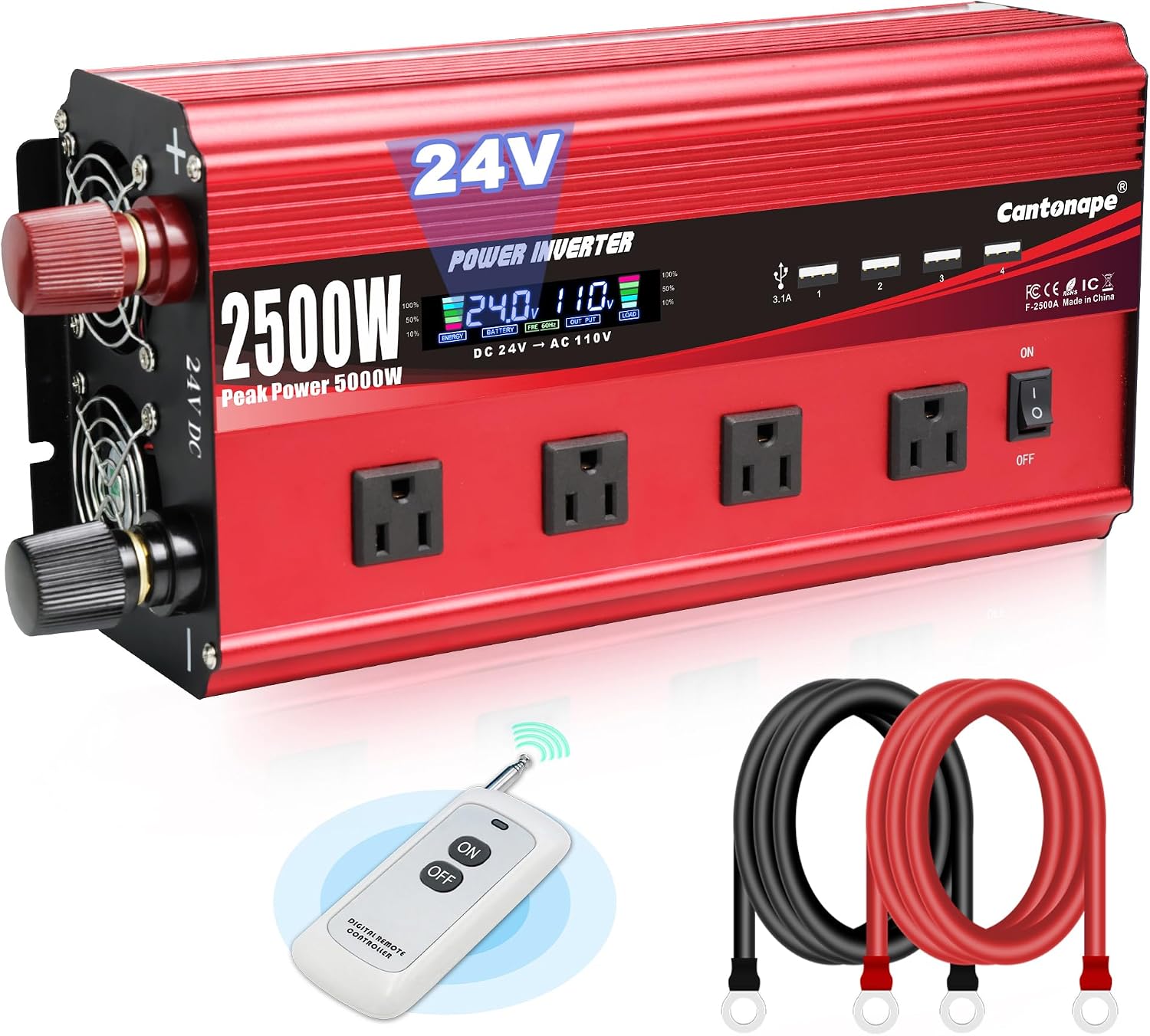 Cantonape 2500W Power Inverter 24V to 110V/120V DC to AC with LCD Display, Remote Controller 4 x AC Outlets and 4 x 3.1A USB Car Adapter for Car Truck Boat RV Solar System