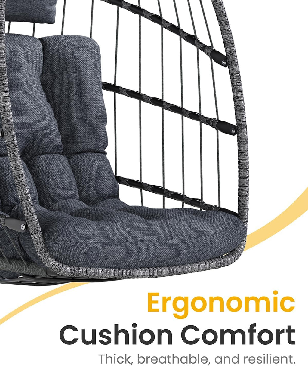 Hanging Egg Chair with Stand, Indoor Outdoor Wicker Patio Egg Swing Chair with Cushion for 350LBS Capacity, Hanging Hammock Chair for Bedroom, Garden, Porch - Dark Grey