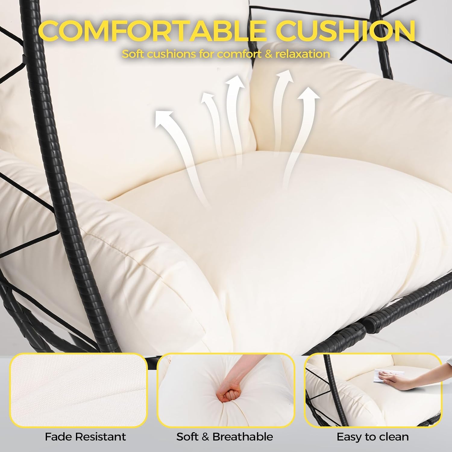 Egg Chair with Stand, Wicker Hanging Chair for Outdoor Patio, Cushioned Hammock Swing for Bedroom Garden Indoor/Outdoor, Double-Zipper Structure Hanging Egg Chair (Black and White)