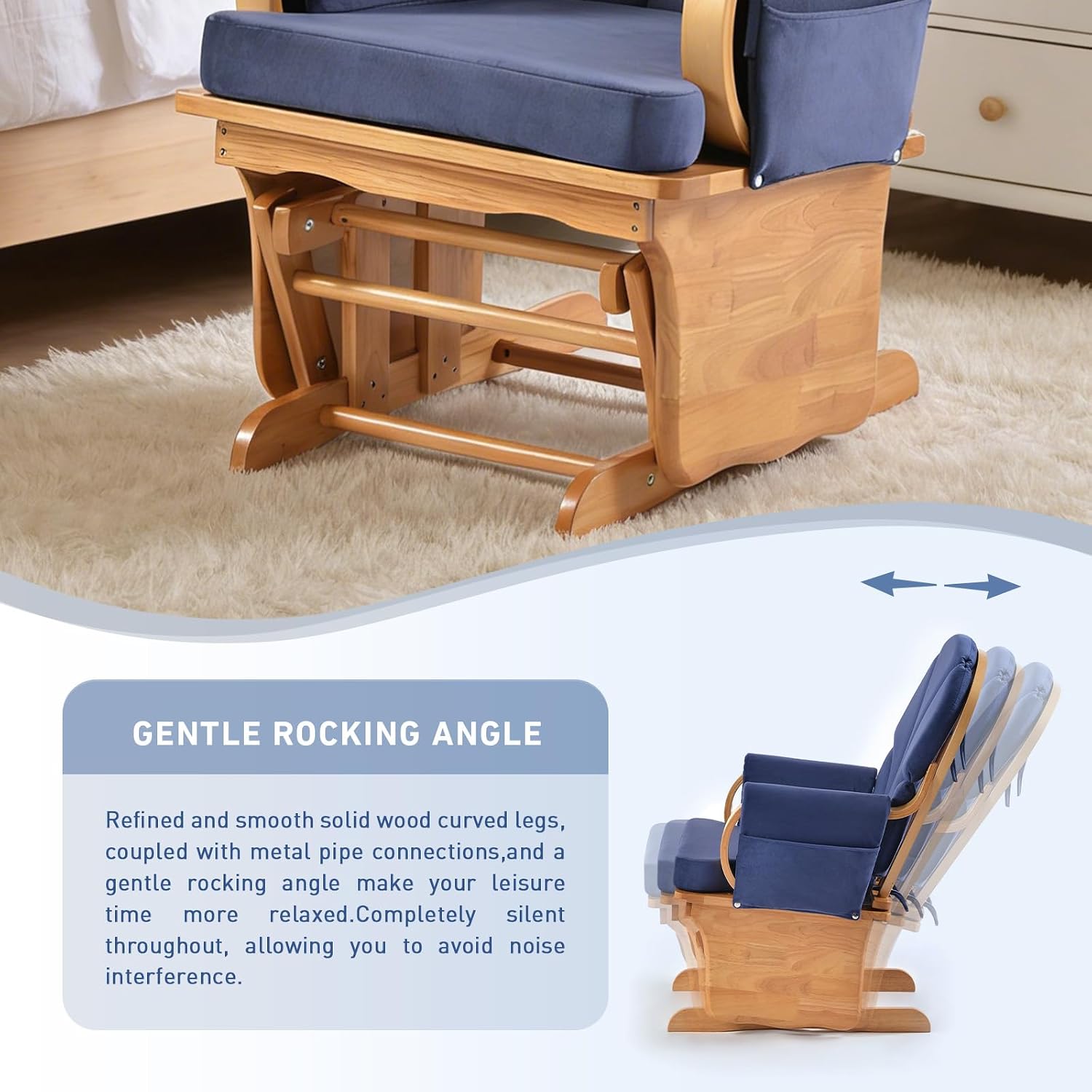Wood Base Glider Rocker Chair, Baby Feeding and Rocking Chair Nursery Rocking Chairs with Silent Swing Solid Hardwood Base for Nursery, Living Room, Bedroom, Classroom(Beech Wood Blue)