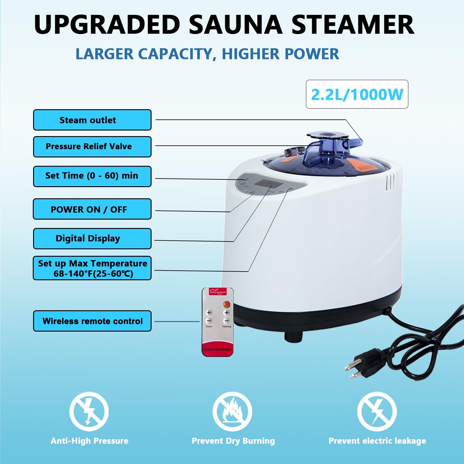 Portable Steam Sauna | Full Size Portablel Sauna Tent | Personal Home Sauna Spa | with 2.2L Water Injection Rate and 1000W Steam Generator, Portable Chair, Black (Blue Edge)