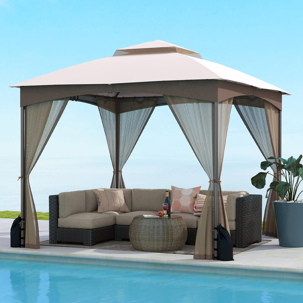 Tangkula 10x10 FT Outdoor Gazebo with Netting, Double Roof Patio Shelter with 4 Sandbags, Zippered Doors, Heavy-Duty Metal Frame, Metal Patio Gazebo for Yard Garden Lawn (Khaki)