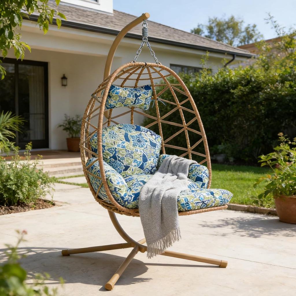 Hanging Egg Chair with Stand & Leg Rest,Rattan Wicker Swing Chair with Cushion,Patio Basket Hanging Chair Wicker Hammock Chair for Indoor Outdoor Bedroom Garden,300LBS (Yellow Rattan&Floral Cushion)