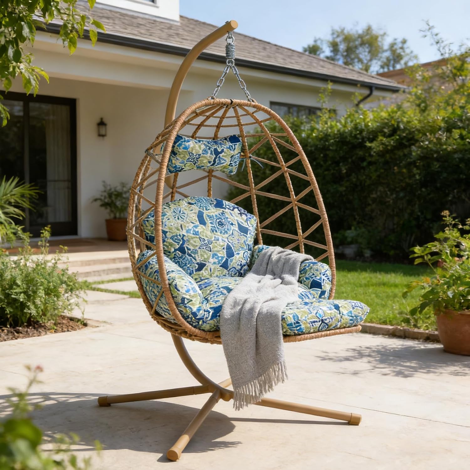 Hanging Egg Chair with Stand & Leg Rest,Rattan Wicker Swing Chair with Cushion,Patio Basket Hanging Chair Wicker Hammock Chair for Indoor Outdoor Bedroom Garden,300LBS (Yellow Rattan&Floral Cushion)