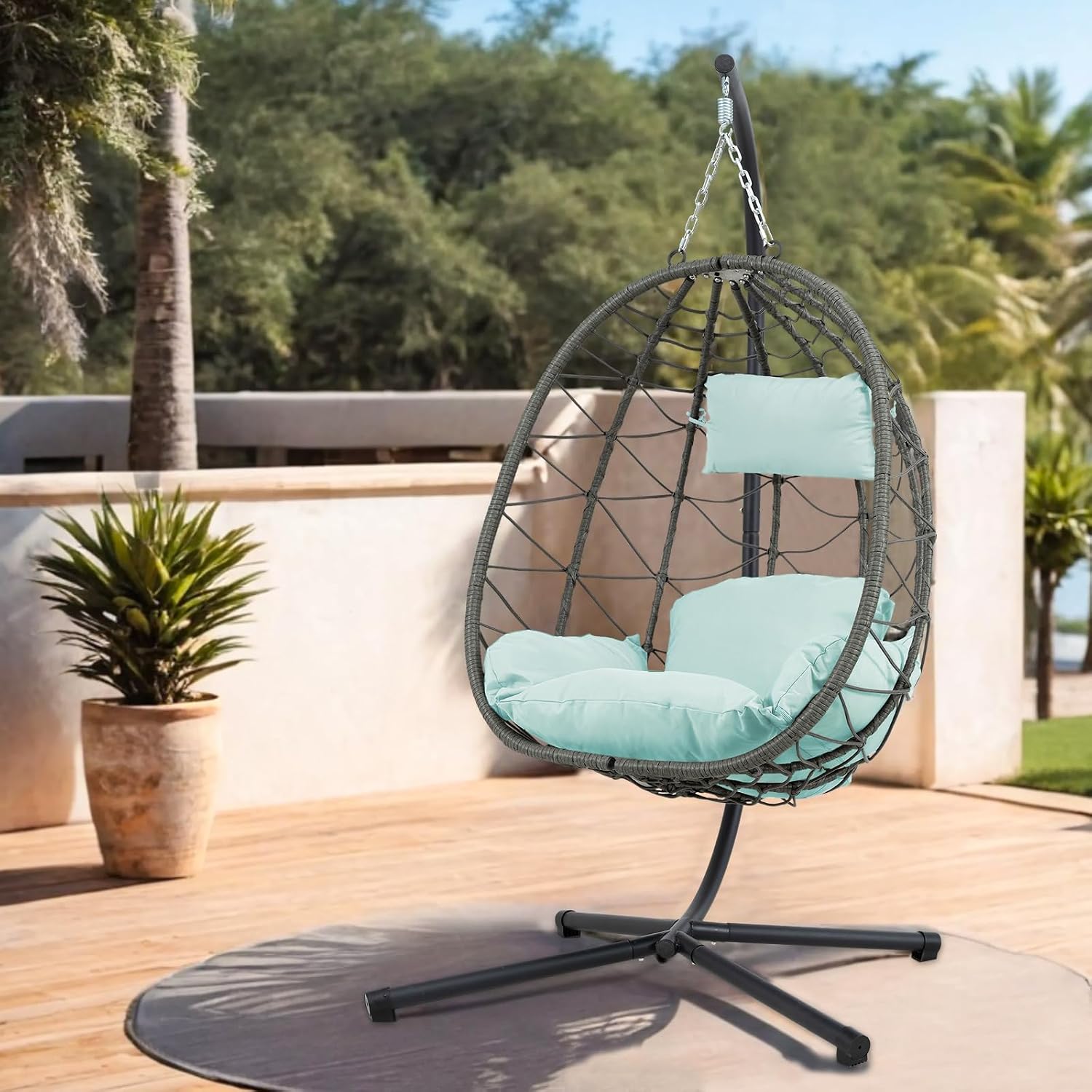 Egg Chair Indoor Outdoor, Foldable Hanging Egg Chair with Stand, Patio Swing Egg Chairs, UV Resistant Removable &Washable Thicken Padded Cushions, 350LBS Capacity for Bedroom, Balcony Blue