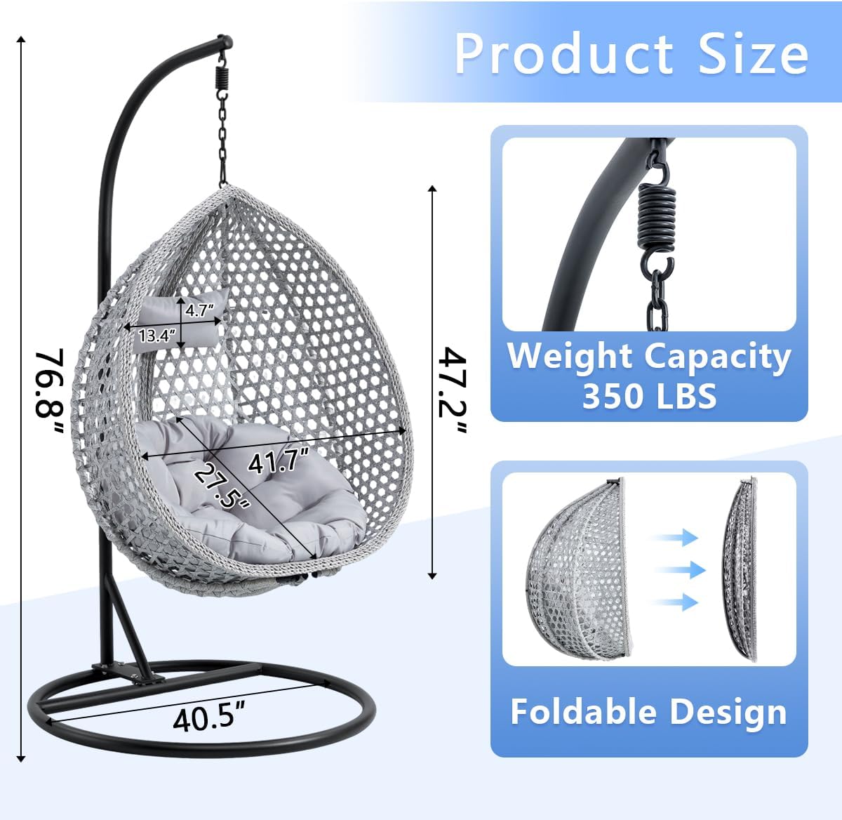JUFU Egg Swing Chair with Stand,Hanging Egg Chair Indoor Outdoor,Hammock Hanging Basket Chair with Aluminum Steel Frame，Patio Egg Chair with Removable Cushions for Patio Balcony Backyard,Bedrooms
