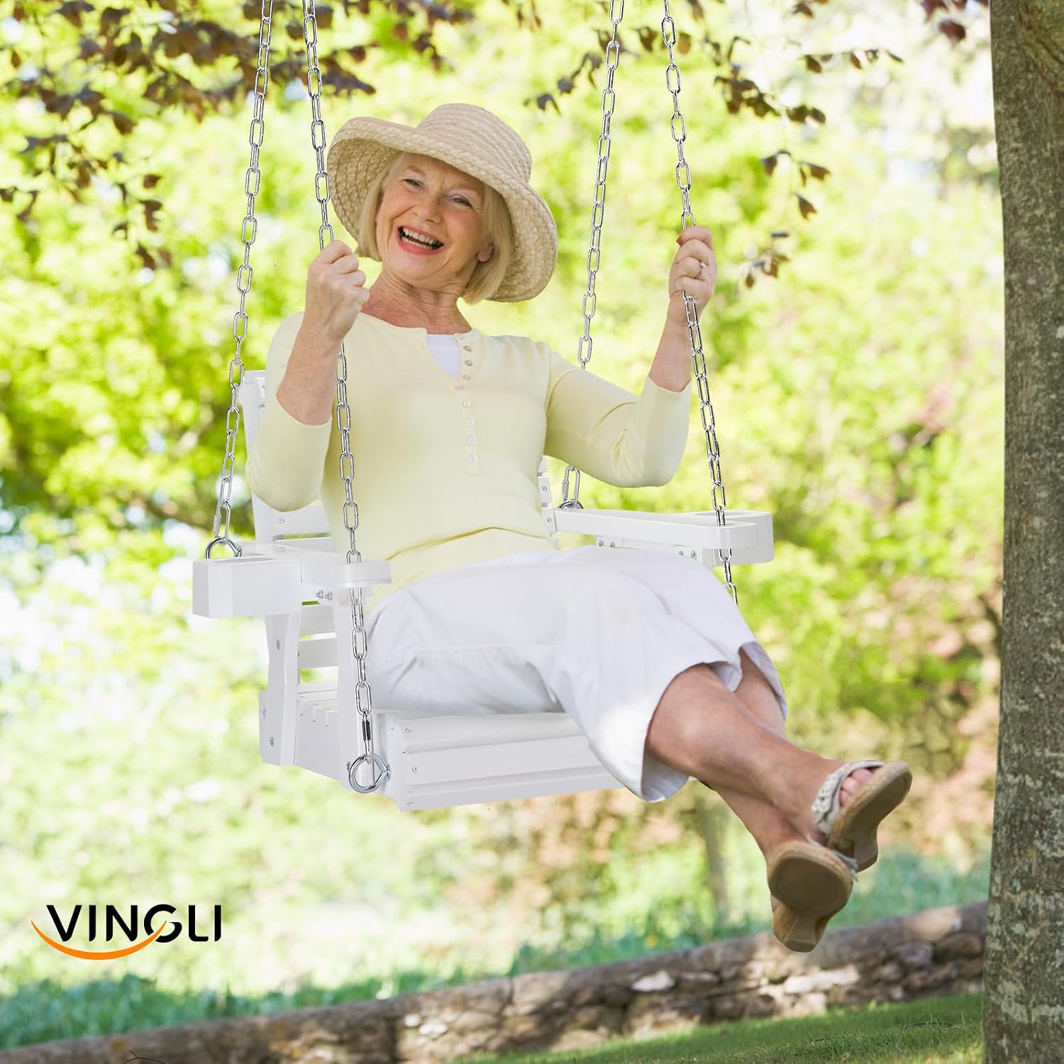 VINGLI Heavy Duty 440 LBS 1-Person Wooden Patio Porch Swing with Deeper Seat & Higher Backrest & Extra Cup Holder for Adults & Kids, Outdoor Single Porch Swing for Porch, Yard, Balcony, Tree (White)