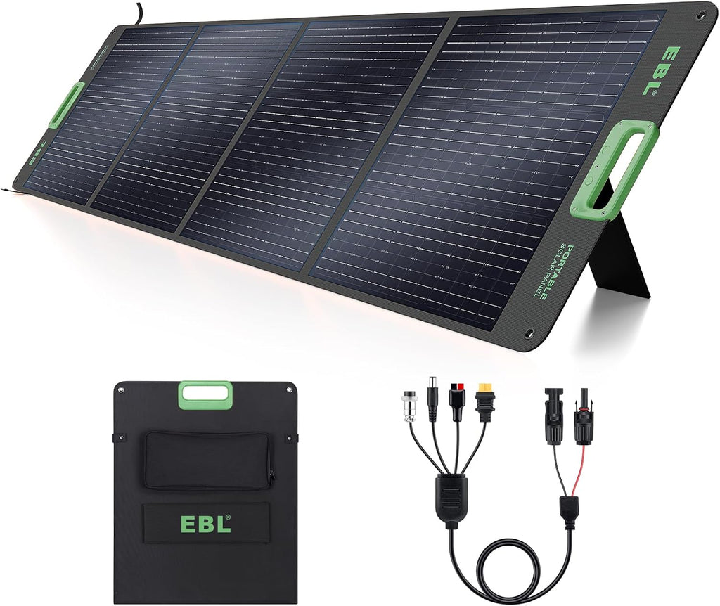 EBL 200W Portable Solar Panel, Foldable IP65 Waterproof 200 Watt Solar Panel with MC-4 Anderson Output Connector, w/ 4 Kickstands for RV, Camping, Blackout