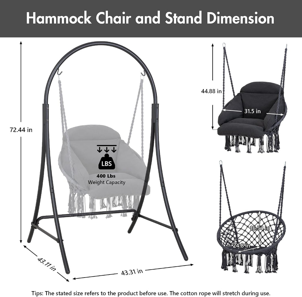 ANOW Hanging Swing Chair with Stand Included, Heavy Duty Hammock Chair with Stand and Removable Padded Cushion, Max 400 Lbs, Dark Grey