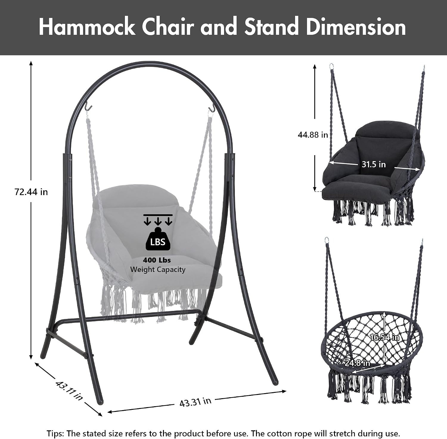 ANOW Hanging Swing Chair with Stand Included, Heavy Duty Hammock Chair with Stand and Removable Padded Cushion, Max 400 Lbs, Dark Grey