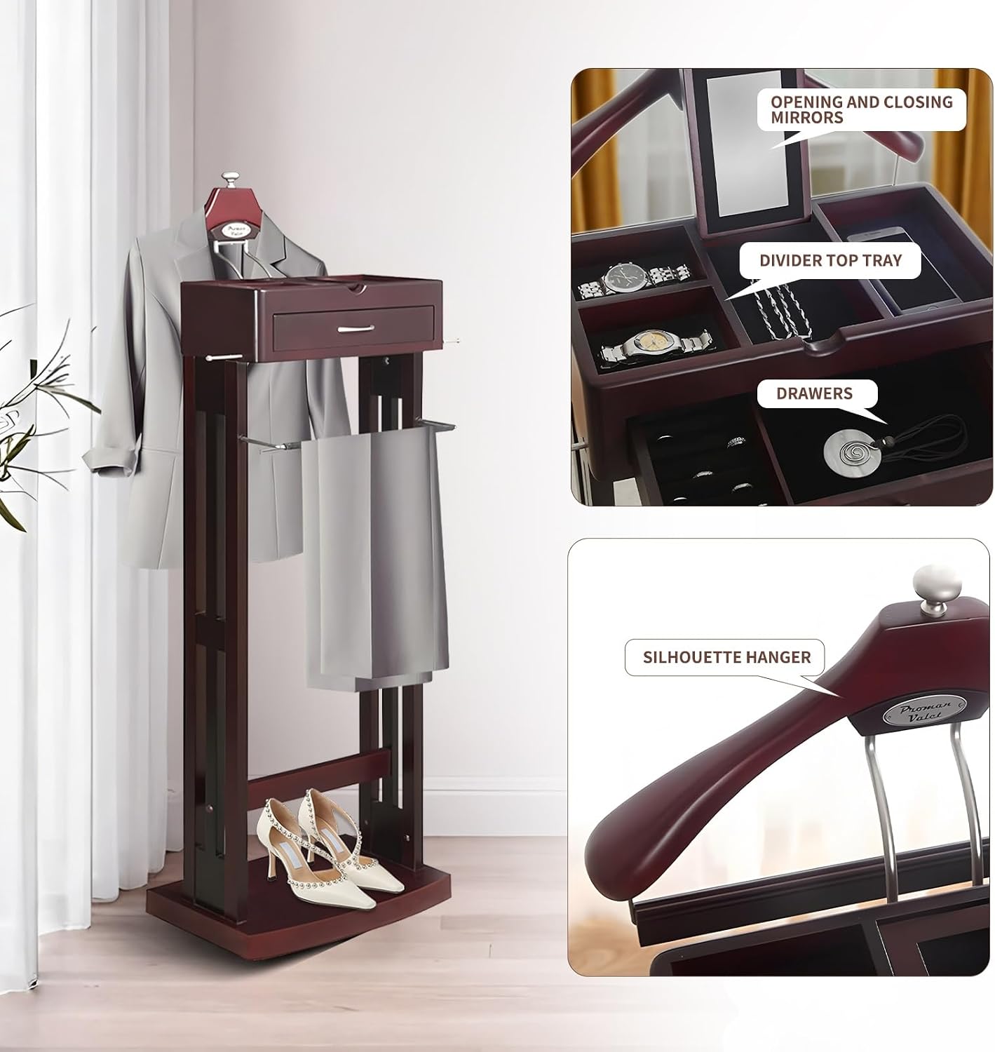 Wood Suit Rack with Drawer&Tray, Freestanding Valet Stand for Men Women, Standing Clothes Organizer Rack with Contour Hanger Trouser Bar Floor Stand Valet for Entryway Living Room Bedroom Office(A)