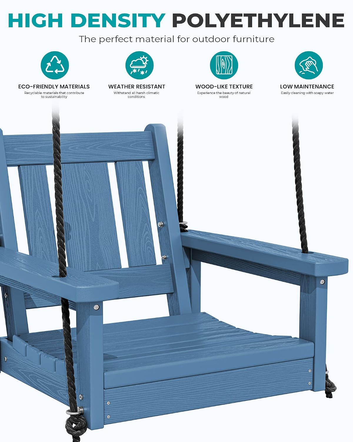 SERWALL HDPE Single Porch Swing Set of 2, Heavy Duty Single Person Swing Chair with 2 Polypropylene Hanging Ropes, Adirondack Hanging Chair for Outdoor Front Porch Patio Garden Yard, Blue