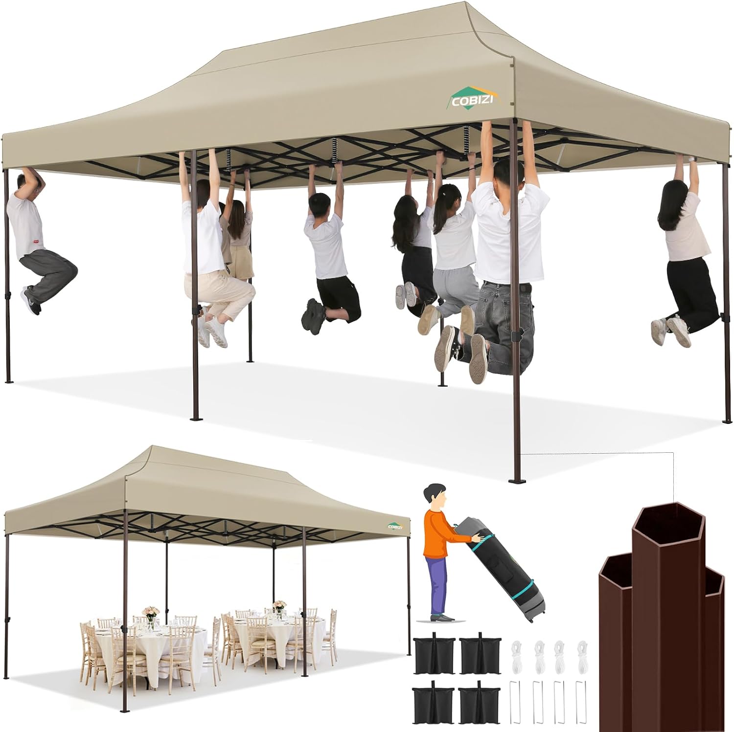 COBIZI 10x20 Pop up Canopy Without Sidewall Heavy Duty Commercial Outdoor Gazebo Easy Up Wedding Party Tents for Parties with Roller Bag, All Season Wind & Waterproof UPF50+(Upgrade Hexagonal Tube)