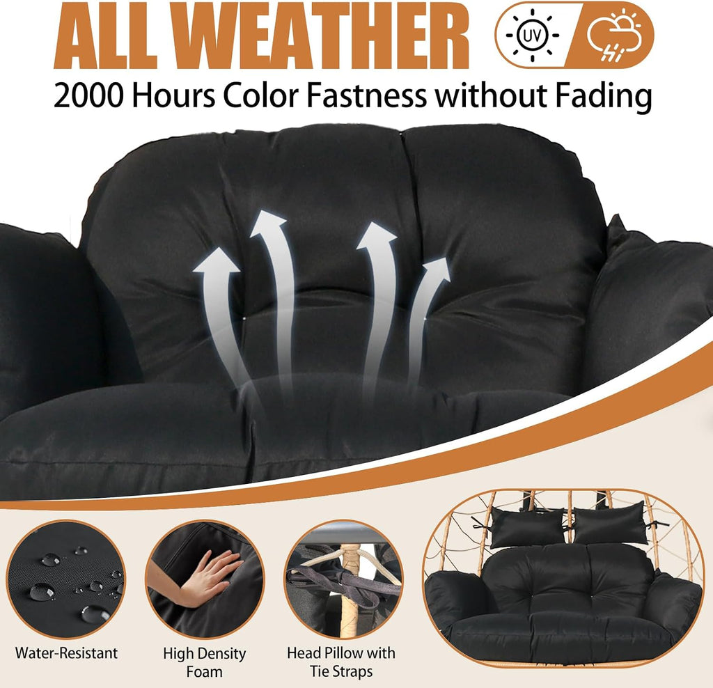 Double Egg Swing Chair With Stand & Adjustable Canopy, Outdoor Indoor Hanging Egg Chair, Handwoven Pe Rattan Loveseat With Uv-Resistant Cushions, 680Lbs Capacity For Patio, Garden, Balcony (Black)