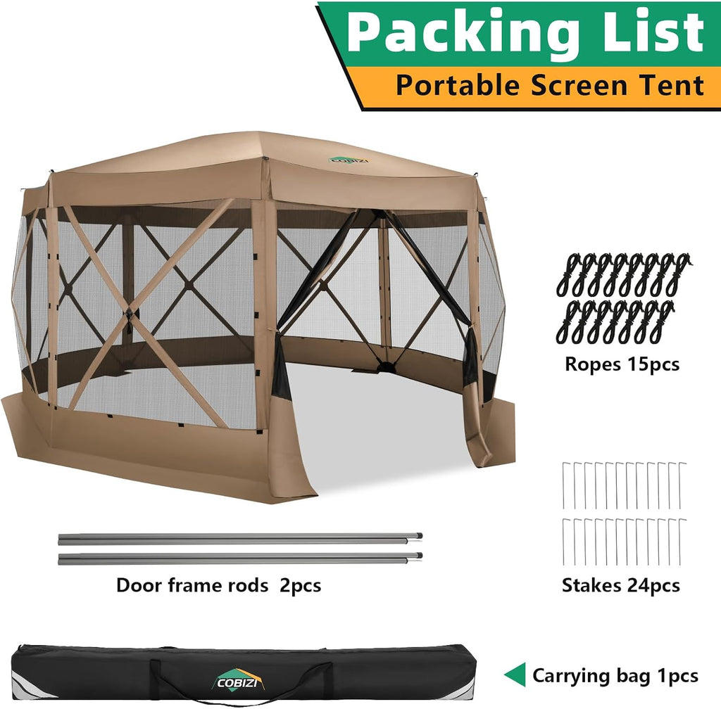 COBIZI Pop Up Gazebo Screen Tent Screen House for Camping, 15x15 Screen Room with Mosquito Netting, Hub Tent Instant Screened Canopy with Carrying Bag and Ground Stakes, Khaki