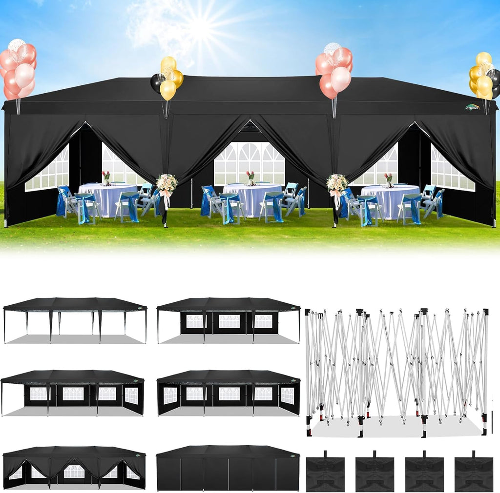 COBIZI 10x30 Canopy Party Tent with 8 Walls 10x30 Pop Up Canopy for Parties Waterproof UPF 50+ Outdoor Commercial Event Tent for Party Backyard Gazebo Canopy with Sidewalls & Sandbags(Black)