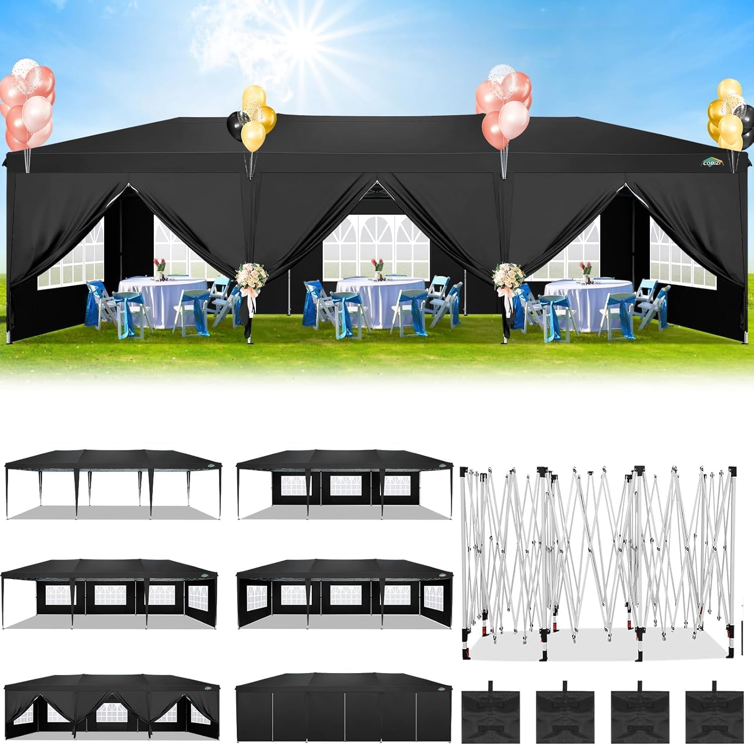 COBIZI 10x30 Canopy Party Tent with 8 Walls 10x30 Pop Up Canopy for Parties Waterproof UPF 50+ Outdoor Commercial Event Tent for Party Backyard Gazebo Canopy with Sidewalls & Sandbags(Black)