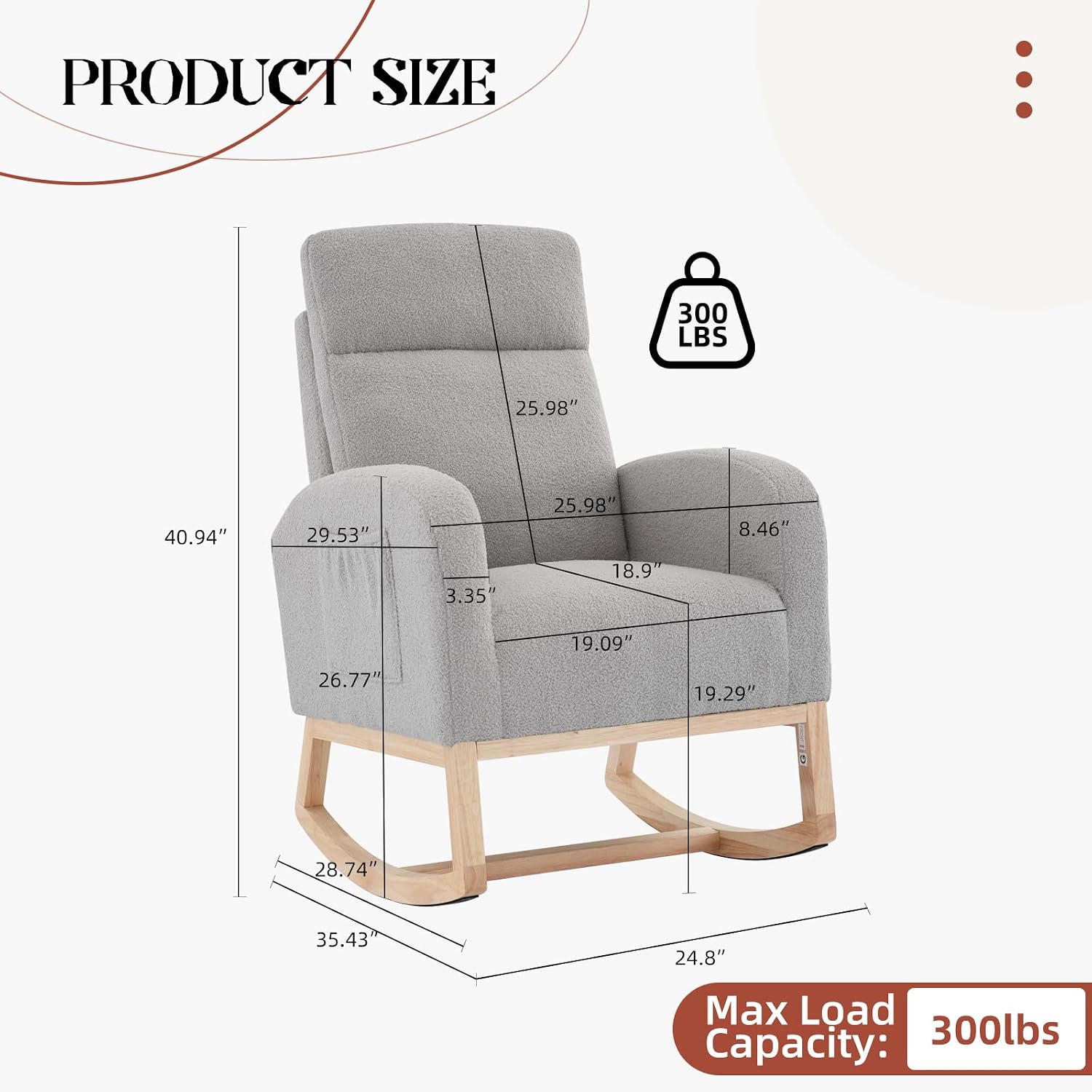 Rocking Chair Nursery,Glider Chair Nursery Chair with High Back and Side Pocket, Rocking Accent Armchair with Rubber Wood Legs for Living Room/Bedroom/Nursery