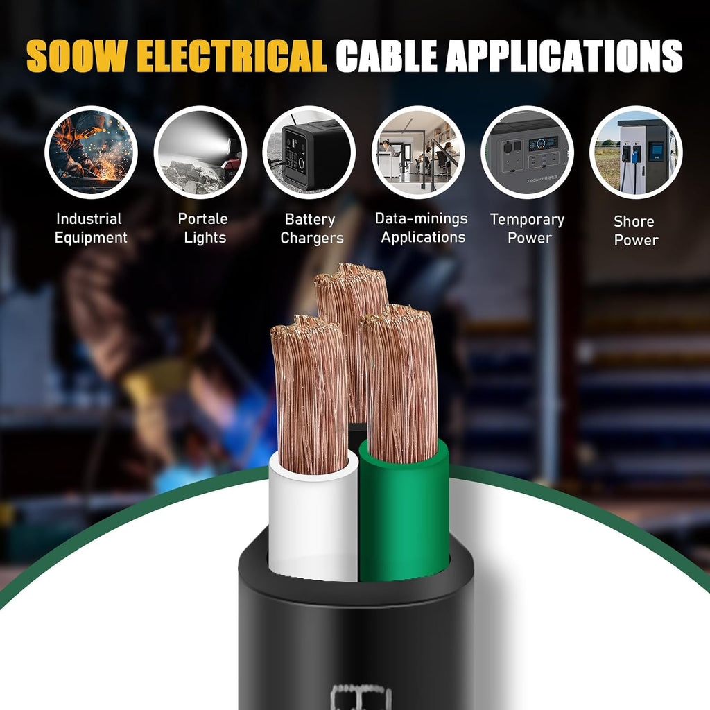 150ft 12/3 12 AWG Portable Power Cable (3 Conductor) - SOOW 600V 12 Gauge Electric Wire for Generator, Portable Lights, RV/EV Car Battery Chargers and Machinery - 150 Feet Electrical Cord
