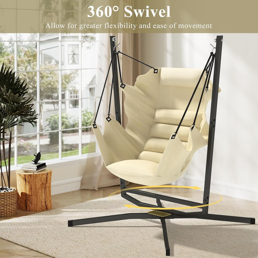 360° Swivel Hammock Swing Chair with Stand - Comfortable Hanging Chair with Cushions (400 lbs Capacity) for Indoor/Outdoor Use - Perfect for Bedroom, Patio, Porch, Deck, Garden, Balcony