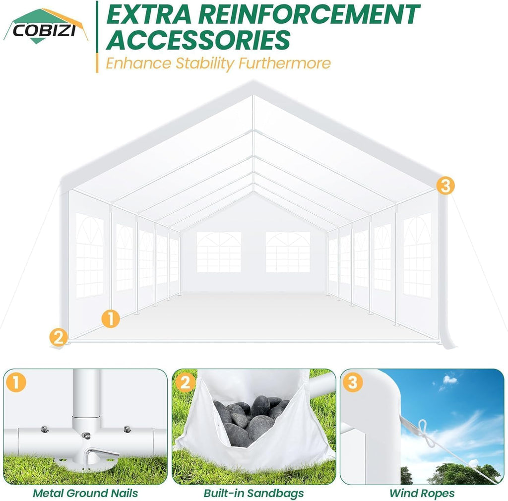 COBIZI 16x32 Heavy Duty Party Tent Outdoor Waterproof Canopy with 14 Church Windows & 10 Sidewalls, Built-in Sandbag, White Powder Coating Commercial Event Shelter Tents for Parties Wedding BBQ Patio