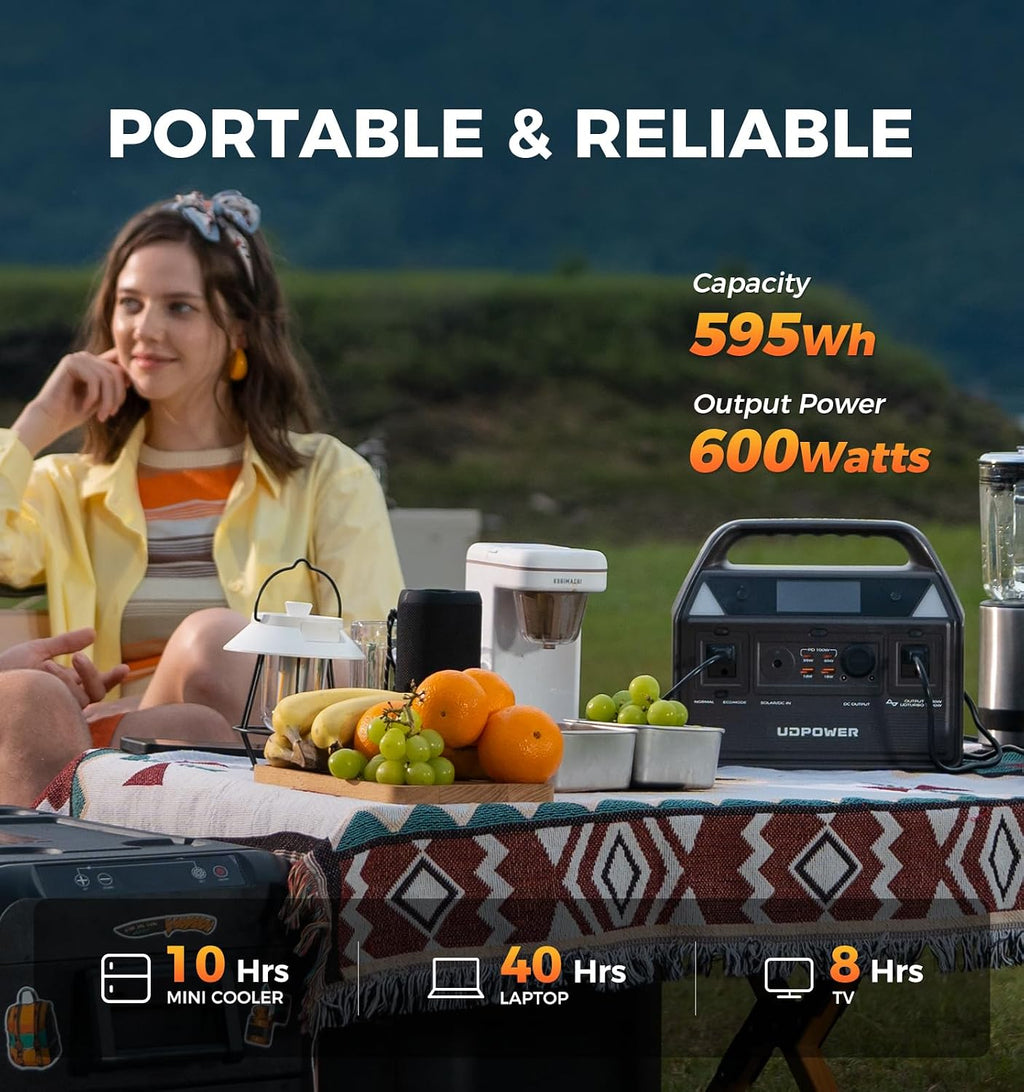 UDPOWER C600 Solar Generator with 120W Solar Panel - 600W Portable Power Station(Surge 1200W) AC Output, 595Wh LiFePO4 Battery, for Camping, Travel, RV, Emergency Power Backup(Brown)