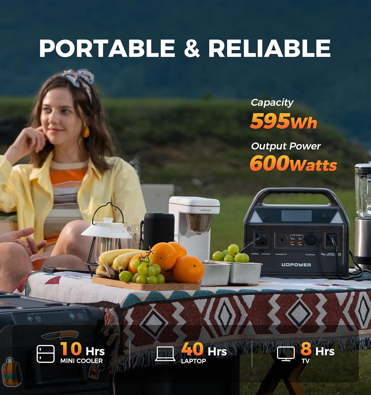 UDPOWER C600 Solar Generator with 120W Solar Panel - 600W Portable Power Station(Surge 1200W) AC Output, 595Wh LiFePO4 Battery, for Camping, Travel, RV, Emergency Power Backup(Brown)