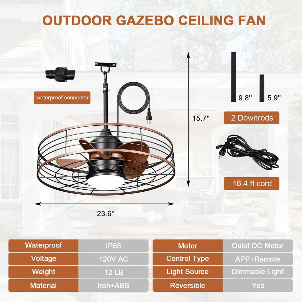 24' Waterproof Gazebo Ceiling Fan with Light Caged Outdoor Hanging Fan for Patios with Plug-in Cord, Dimmable LED, APP Remote Control, 6 Speeds for Pergola Porch Gazebo