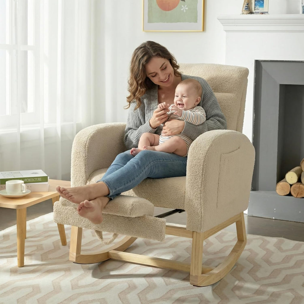 NIOIIKIT Modern Nursery Rocking Chair, Teddy Upholstered Rocking Chair with Footrest, Comfortable Glider Rocker with Side Pocket for Living Room, Bedroom, Nursing Room (Beige)