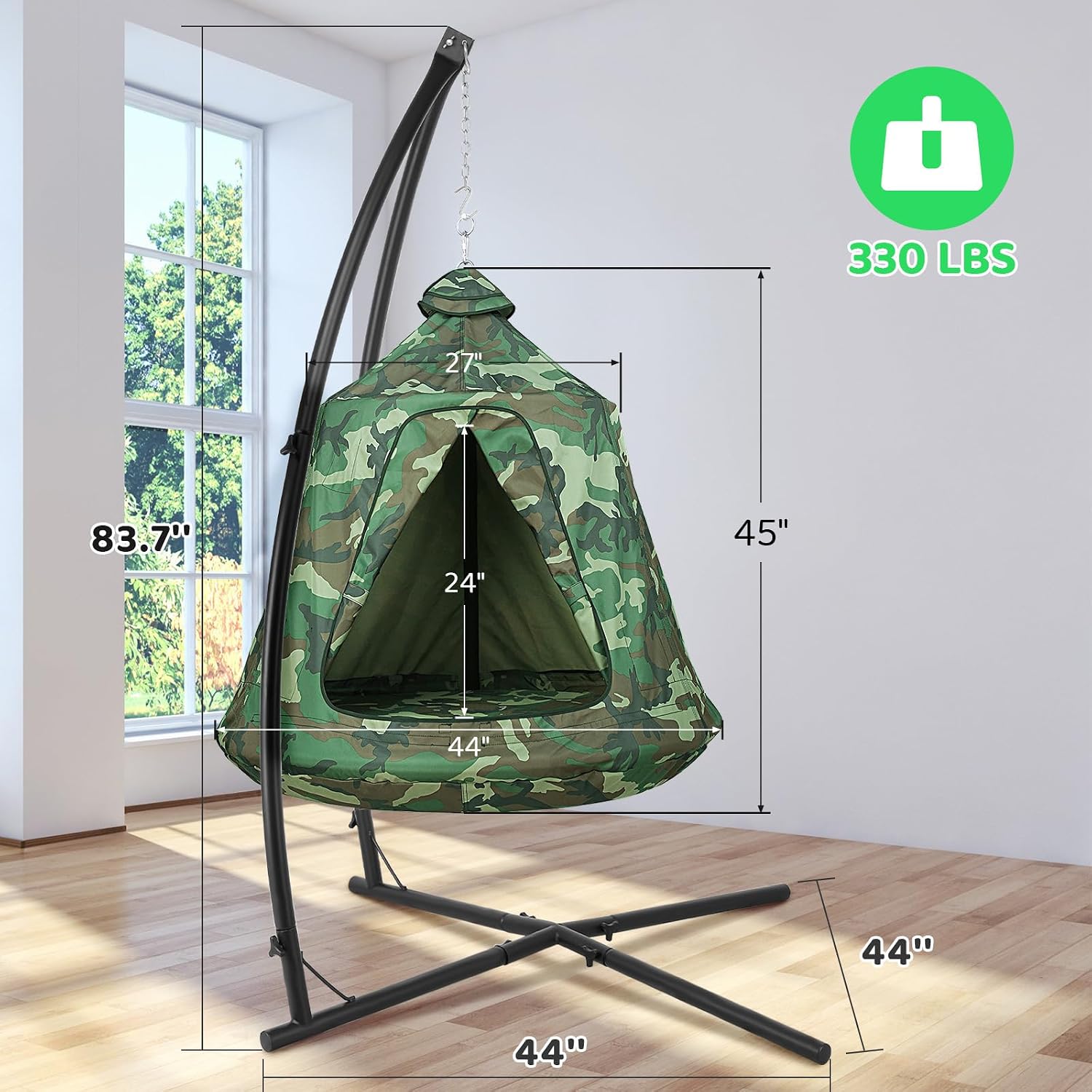Arlopu Hanging Hammock w/Tree Tent, Indoor Metal Swing Chair w/Play Tent, Outdoor Egg Basket Patio Seat w/Adjustable Solid Stand (Camouflage)