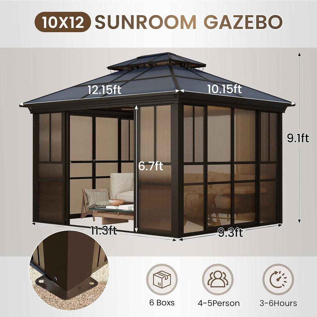 EROMMY 10x12 Sunroom Gazebo, Polycarbonate Roof Outdoor Solarium with Sliding Door & Adjustable Window Panels, Enclosed Patio Sunroom with Mesh Screens, Aluminum Frame Backyard Enclosure