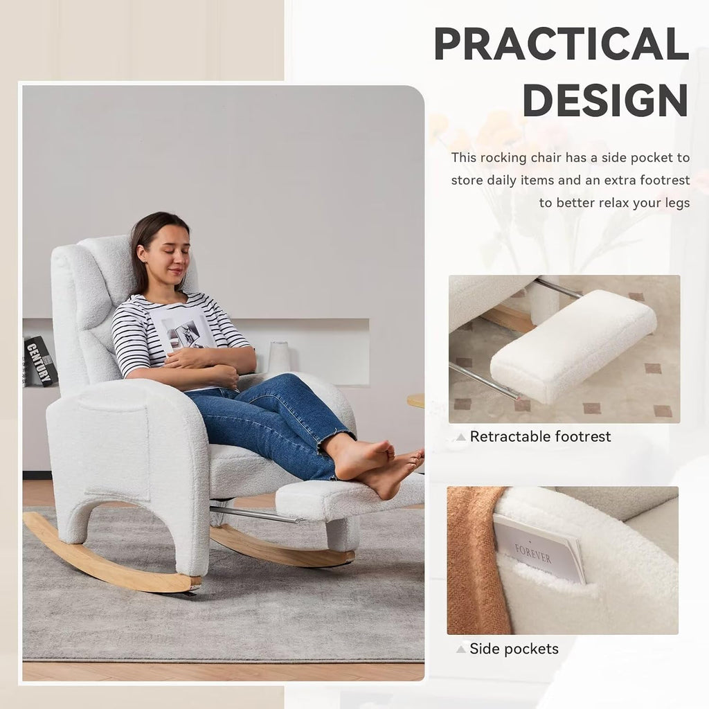 FOXHUNTER Rocking Chair Nursery, Modern Glider Chair with Adjustable Footrest and Solid Wood Legs, High Backrest Nursery Chair with Side Pocket, Rocker Armchair for Living Room Bedroom, Teddy Ivory