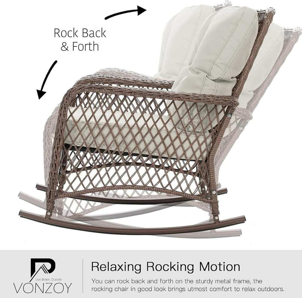 Patio Furniture Set 3 Pieces, Rocking Bistro Set with Thick Cushions, Brown Wicker Outdoor Rocker Chairs and Coffee Table for Porch, Backyard or Garden (Pale White)